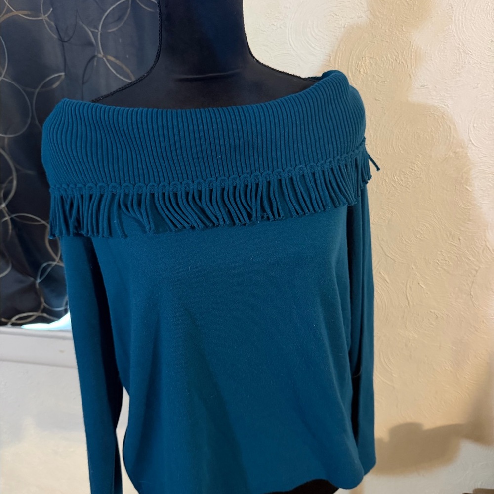 Nina Leonard Teal Off-Shoulder Sweater with Fringe